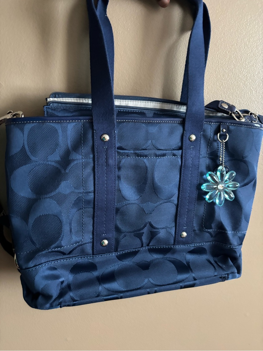 Coach Blue Signature Jacquard Tote with Flower Charm